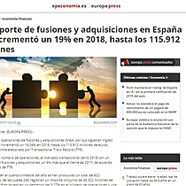 El importe de fusiones y adquisiciones en Espaa se increment un 19% en 2018, hasta los 115.912 millones